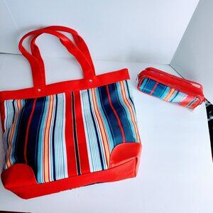 Lancome Red/Multi Stripe Tote & Matching Cosmetic Bag